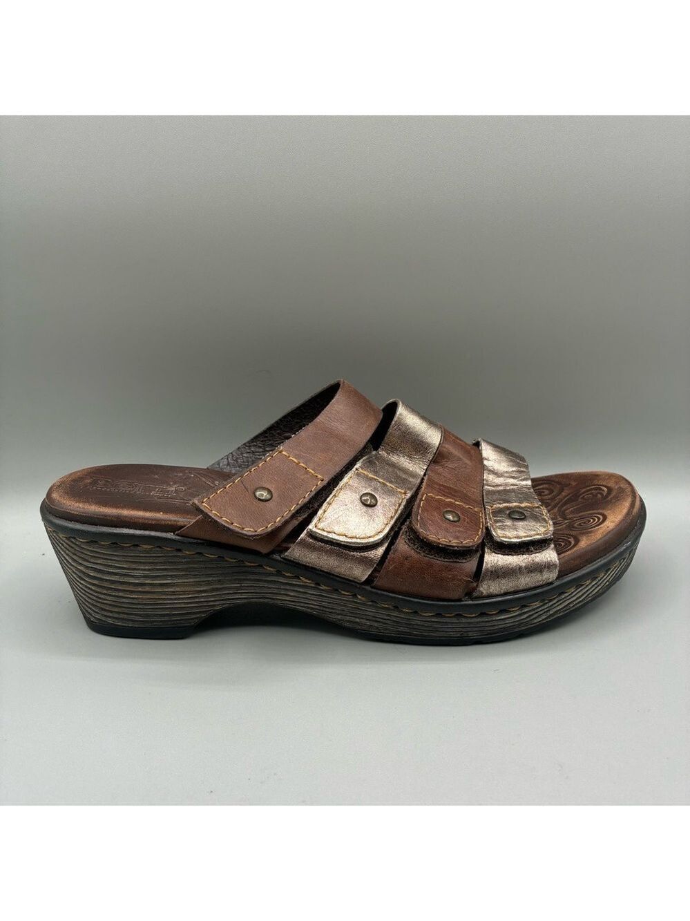 Born Faux Wood Strappy Metallic Leather Clog Sandals Women’s 8 Open Toe